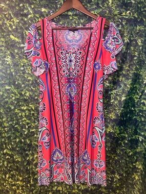 MSK Pink and Blue Paisley V-Neck Dress